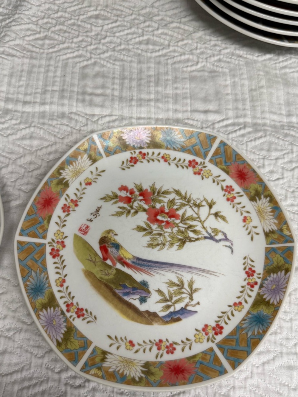 Japanese Decorative Plate with Multicolor Bird & Floral Design - White